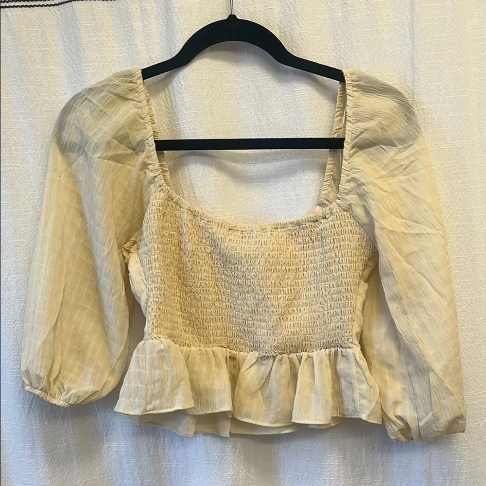 Zara Cream Puff Sleeve Smocked Blouse